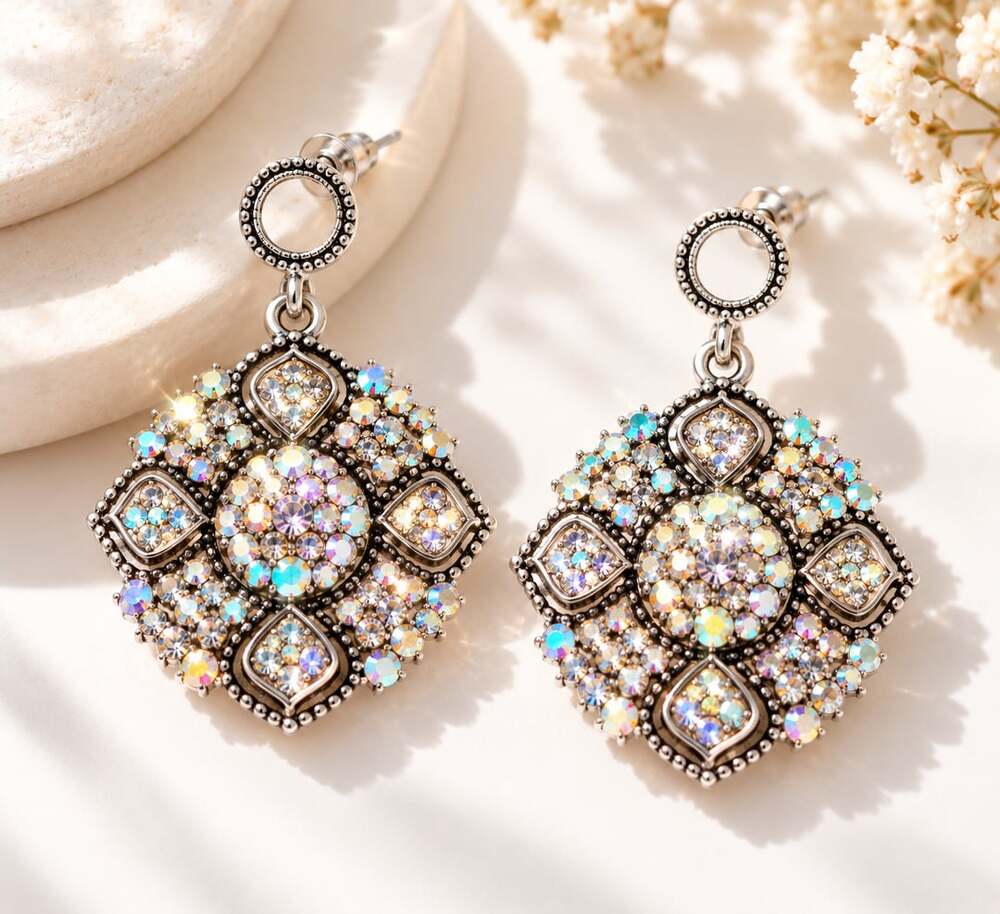 Vintage Baroque Iridescent Crystal Statement Earrings Silver